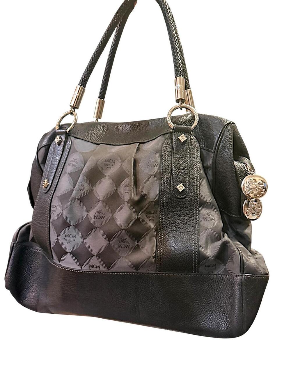 MCM Black Leather and Logo Patterned Handbag